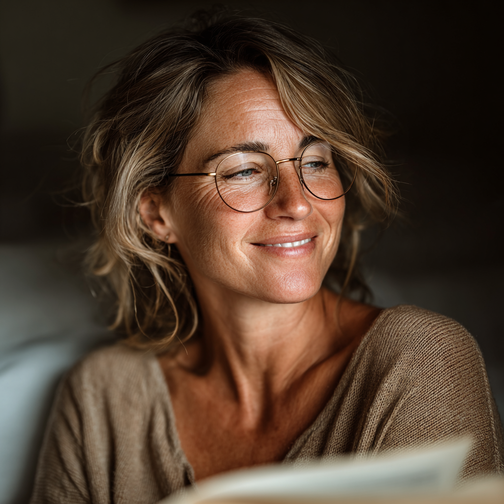 Happy middle-aged woman with glasses smiling while reading a book in natural lighting