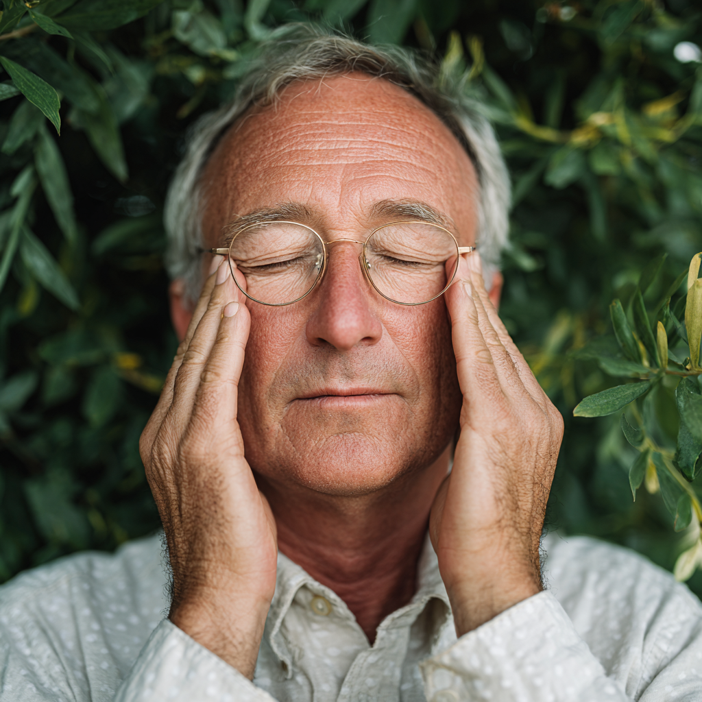 Senior man doing eye exercises outdoors surrounded by green nature